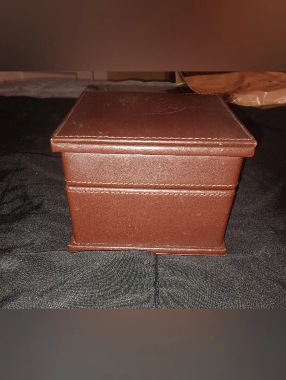 Brown Leather Travel Size Jewelry Storage Box with Embossed Crest